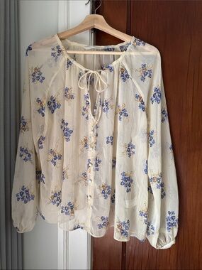 Zara Cream Floral Tie-Neck Blouse with Blue Accents